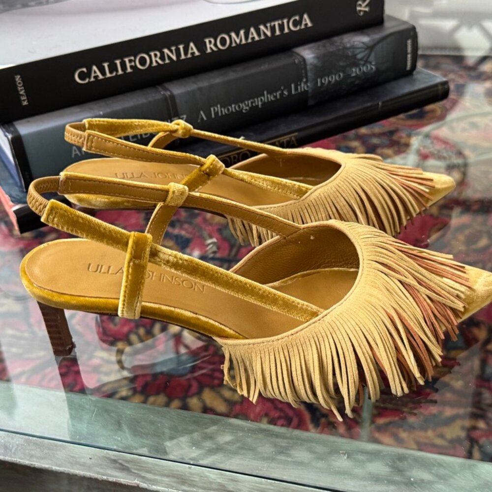 ULLA JOHNSON Women's Shira Fringe Suede Pumps In Yellow Size EU 37 US 6.5